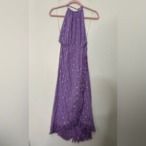 Sundress brand purple fringe sparkly dress S faux wrap